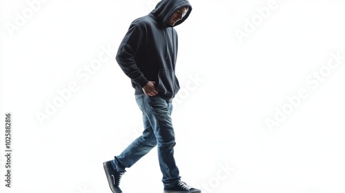 Casual man walking in jeans and hoodie, hands in pockets, full-body shot on white background. Relaxed and informal