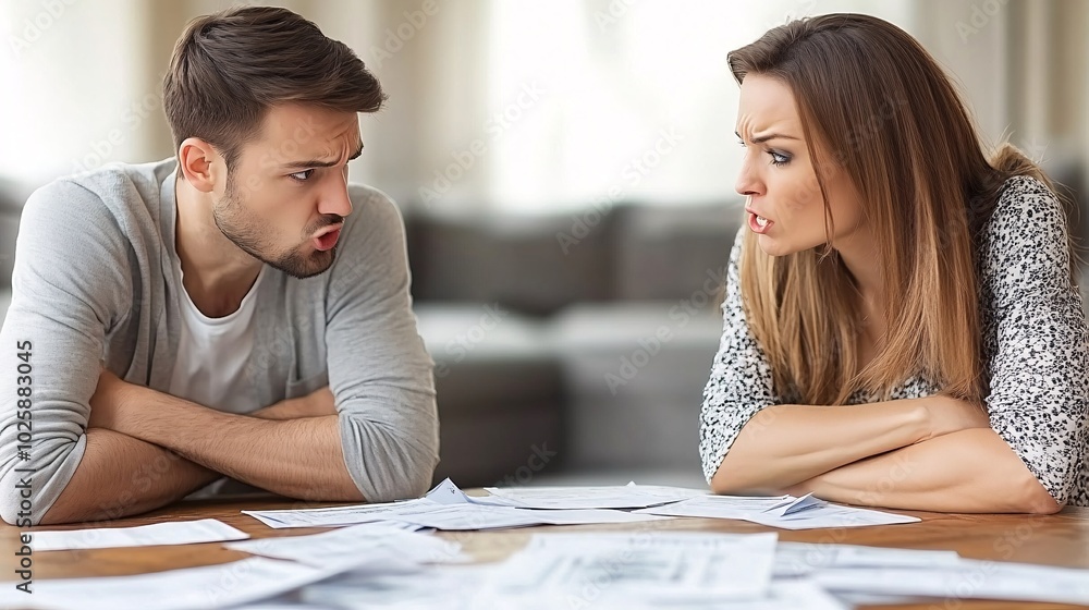 Young couple arguing in their living room with financial documents scattered on the coffee table Stock Photo with side copy space Young couple arguing in their living room with financial documents scattered on the coffee table Stock Photo with side copy space