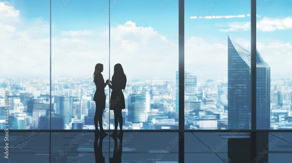 Female executives having a conversation near a large window in a high-rise office, looking out at the cityscape Female executives having a conversation near a large window in a high-rise office, looking out at the cityscape