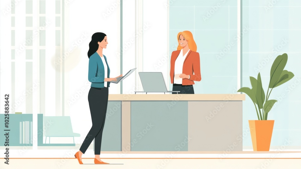 Two businesswomen standing by a desk in a corporate office, reviewing a presentation on a laptop, serious conversation Two businesswomen standing by a desk in a corporate office, reviewing a presentation on a laptop, serious conversation