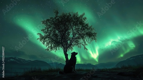 A serene dog sitting beneath a tree, watching the northern lights in awe as they light up the night sky