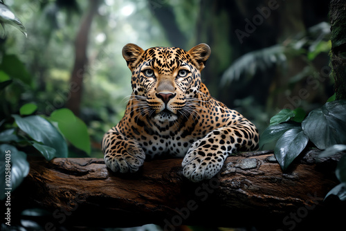 Jaguar resting on a tree branch