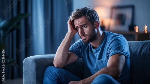 Man sitting on his couch late at night with his head in his hands, worried about paying rent Stock Photo with side copy space