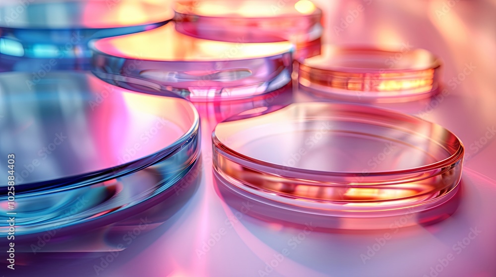 Glass disc shapes with colorful reflections composition. 3d rendering illustration Glass disc shapes with colorful reflections composition. 3d rendering illustration