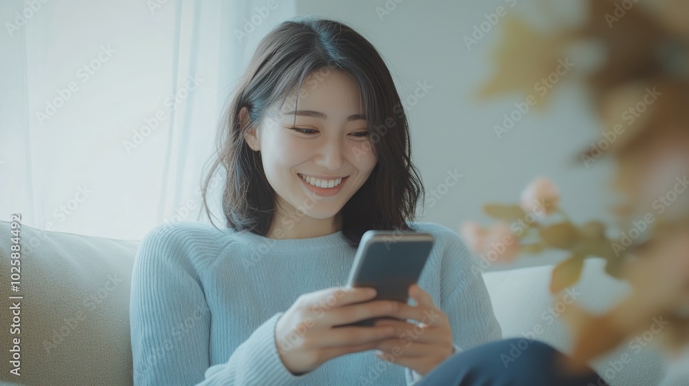A young woman sits on a couch, smiling as she uses her smartphone. A young woman sits on a couch, smiling as she uses her smartphone.