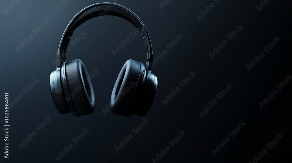 Black headphones against a dark background.