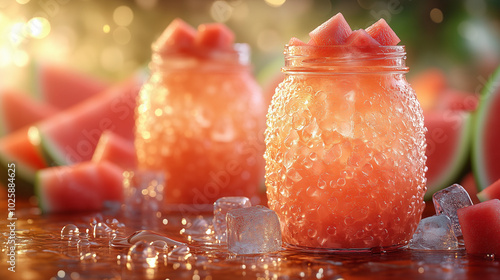 A watermelon drink and watermelons in the background photo