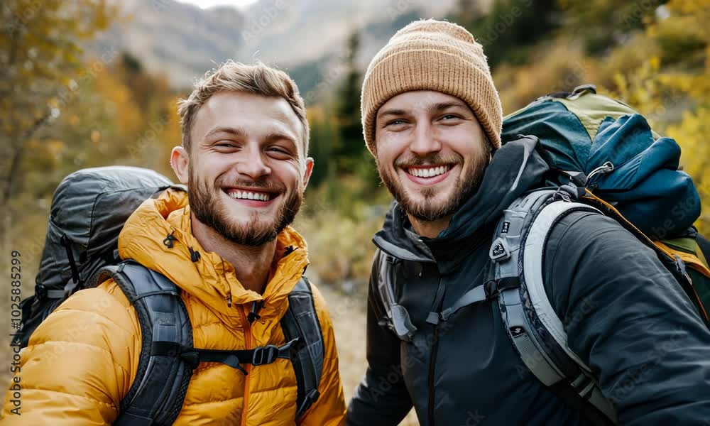 LGBTQ gay couple smiling while walking slowly and taking a selfie during a hike LGBTQ gay couple smiling while walking slowly and taking a selfie during a hike