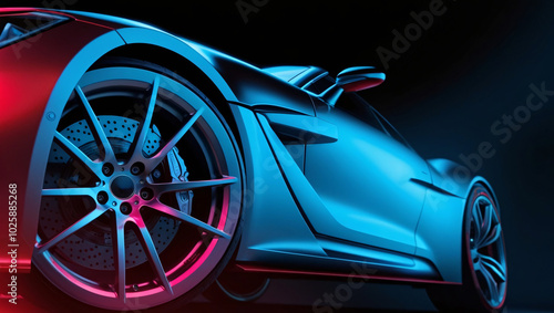 High-Contrast Photograph of a Modern Sports Car Front Left Wheel and Body in Dramatic Red and Blue Lighting, Emphasizing Speed and Luxury