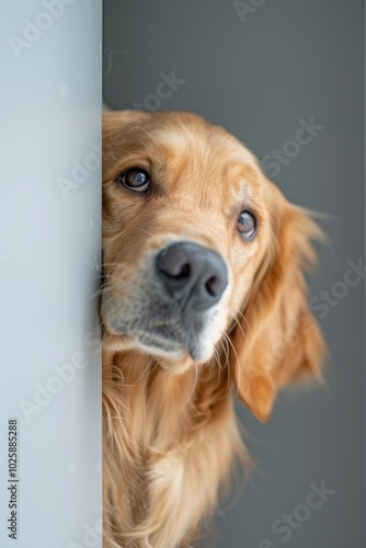 golden retriever peeking around the corner, neutral soft-white background. ai generated
