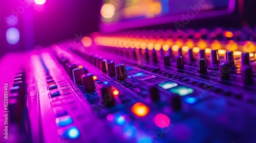 Close up of an audio mixing console with buttons, faders, and lights.