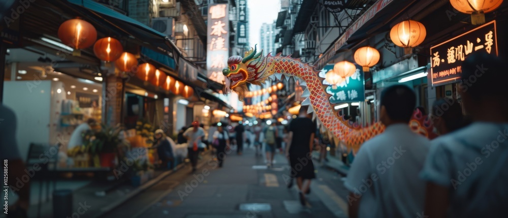 Amidst a bustling market street, a decorative dragon entwines itself, while festive lanterns glow brightly, adding vibrancy to the lively urban landscape. Amidst a bustling market street, a decorative dragon entwines itself, while festive lanterns glow brightly, adding vibrancy to the lively urban landscape.