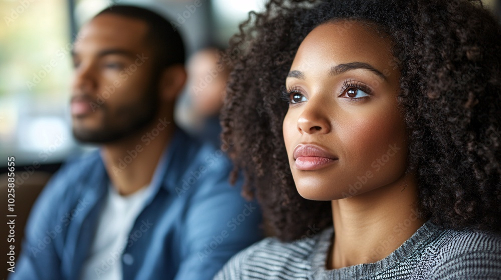 Couple sitting in a financial advisor's office, both looking stressed as they discuss their mounting debt Stock Photo with side copy space Couple sitting in a financial advisor's office, both looking stressed as they discuss their mounting debt Stock Photo with side copy space