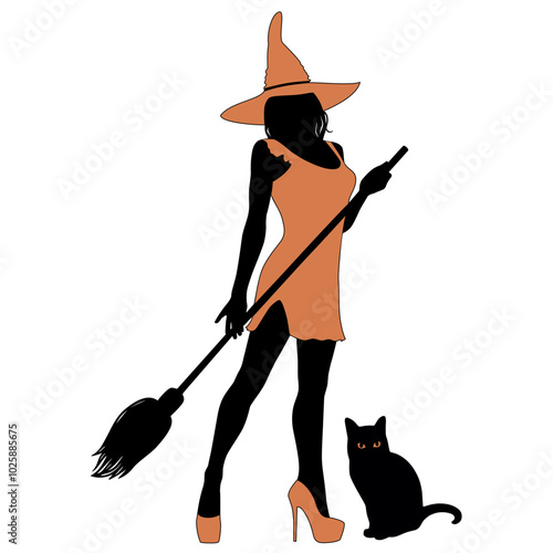 Halloween witch in orange hat and dress standing with broomstick and black cat. Vector silhouette of young halloween witche. Witch icon.