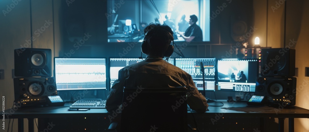Illuminated by multiple screens, a sound engineer fine-tunes audio within a dimly lit recording studio, immersed in digital creativity. Illuminated by multiple screens, a sound engineer fine-tunes audio within a dimly lit recording studio, immersed in digital creativity.