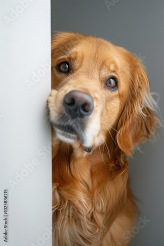 golden retriever peeking around the corner, neutral soft-white background. ai generated