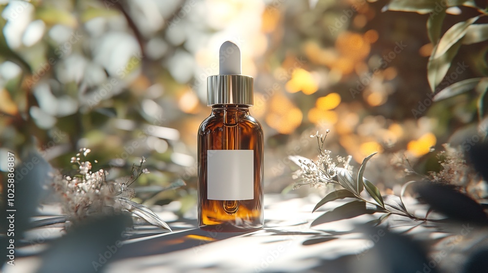 Bottle of essential oil or serum with a dropper and white label Bottle of essential oil or serum with a dropper and white label