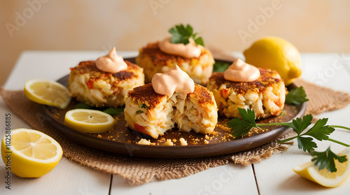 A plate featuring a delicious Maryland crab cake, beautifully presented and ready to be enjoyed.
 photo