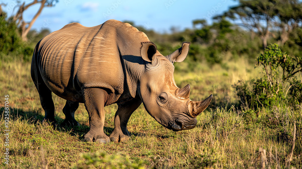 Obraz premium Rhinoceros grazing in savannah habitat
