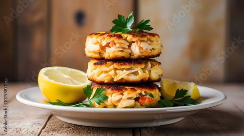 A plate featuring a delicious Maryland crab cake, beautifully presented and ready to be enjoyed.
