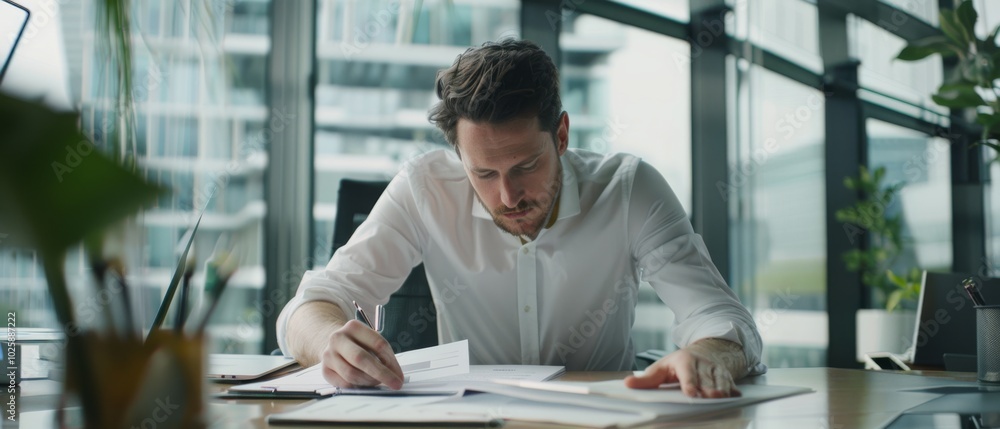 A dedicated man in a white shirt scrutinizes documents in a modern office setting, focused amidst scattered papers. A dedicated man in a white shirt scrutinizes documents in a modern office setting, focused amidst scattered papers.