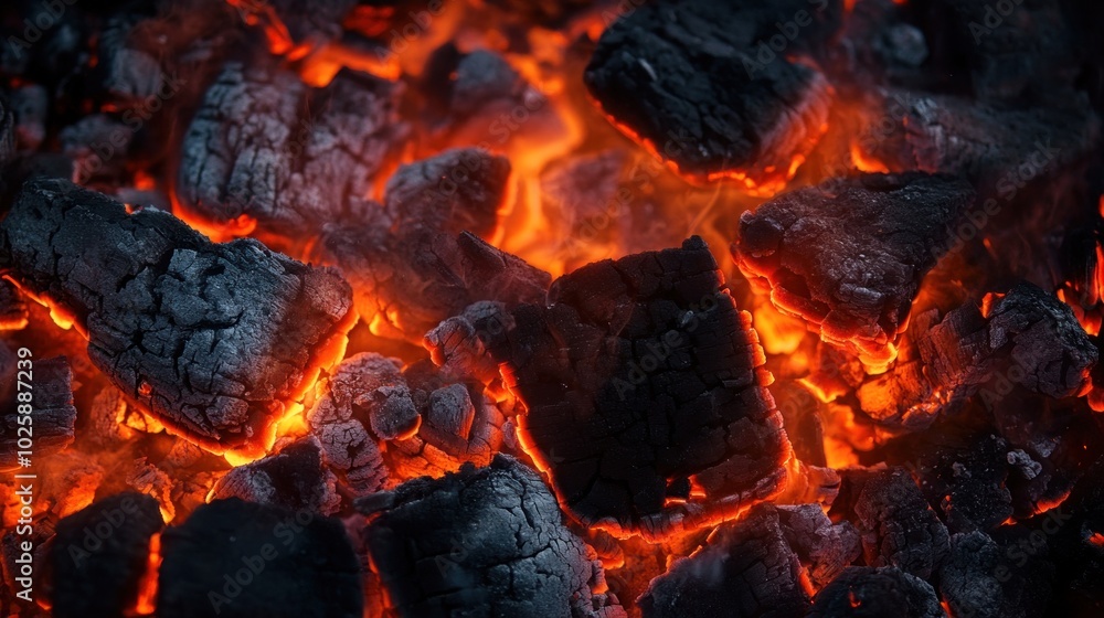 Close-up of glowing embers and charcoal, illustrating heat and fire's intensity. Close-up of glowing embers and charcoal, illustrating heat and fire's intensity.