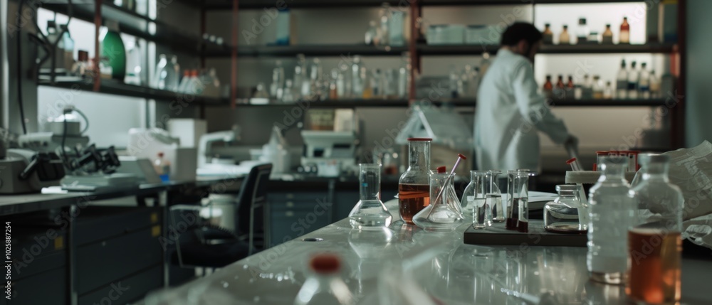 A busy laboratory filled with equipment, a lone scientist works diligently on various experiments. A busy laboratory filled with equipment, a lone scientist works diligently on various experiments.