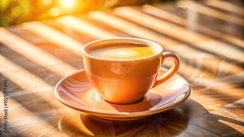 Coffee cup with crema on saucer in sunlight with peach tint, tilted angle