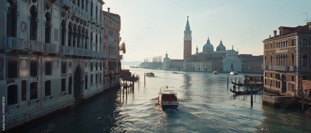 Naklejka premium A serene view of Venice's Grand Canal, capturing a boat sailing past historic architecture in the soft glow of morning light.