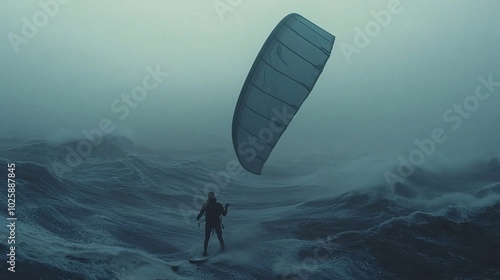 Senior kite surfer controlling a large kite as they ride the waves on a windy day Stock Photo with side copy space