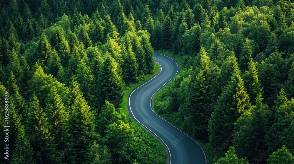 Highway, road and drone view of a path through the forest Highway, road and drone view of a path through the forest