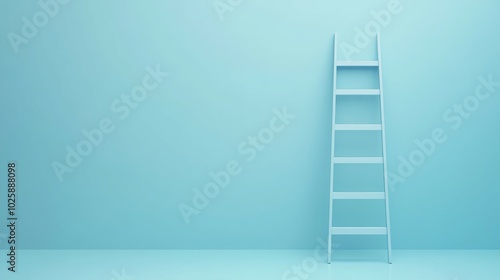 A blue ladder stands against a light blue wall, symbolizing progress and reaching goals.