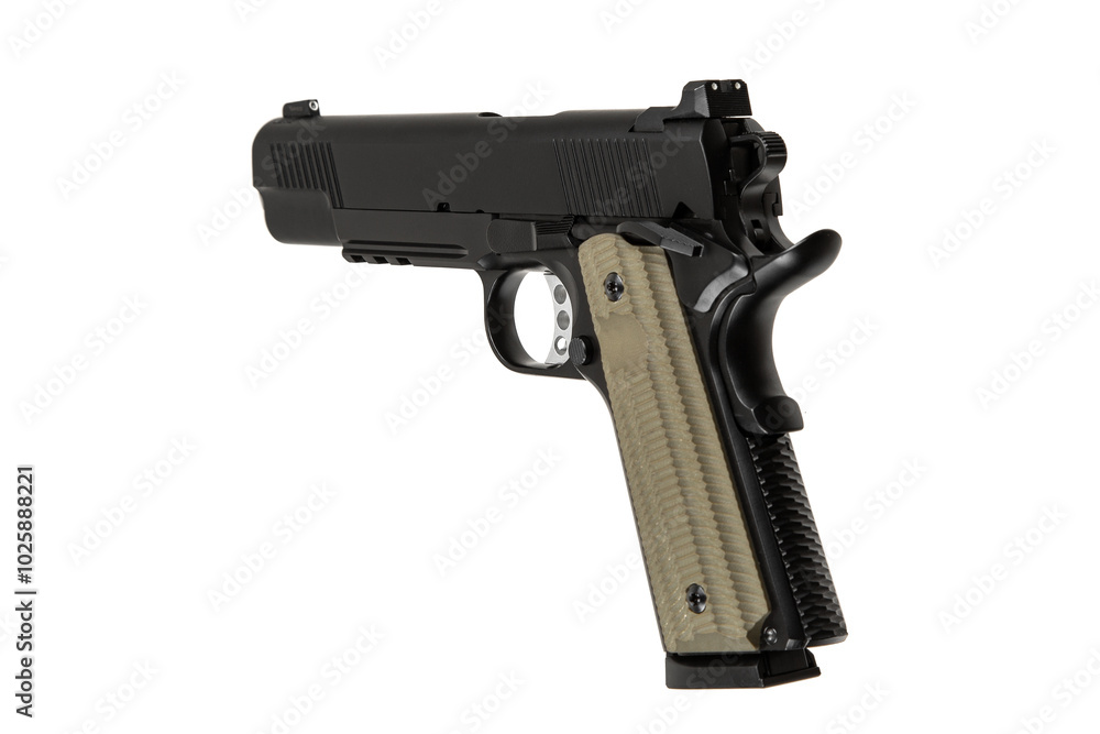 Modern semi-automatic pistol isolate on a white background. Armament for the army and police. Short-barreled weapon Modern semi-automatic pistol isolate on a white background. Armament for the army and police. Short-barreled weapon