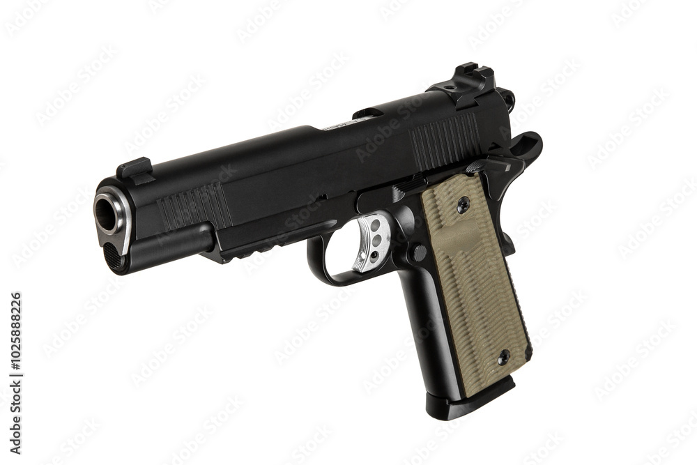 Modern semi-automatic pistol isolate on a white background. Armament for the army and police. Short-barreled weapon Modern semi-automatic pistol isolate on a white background. Armament for the army and police. Short-barreled weapon