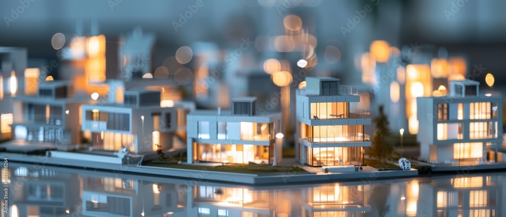 A glowing architectural model captures the essence of an urban nightscape, with miniature buildings emitting soft, ambient light on a reflective surface. A glowing architectural model captures the essence of an urban nightscape, with miniature buildings emitting soft, ambient light on a reflective surface.
