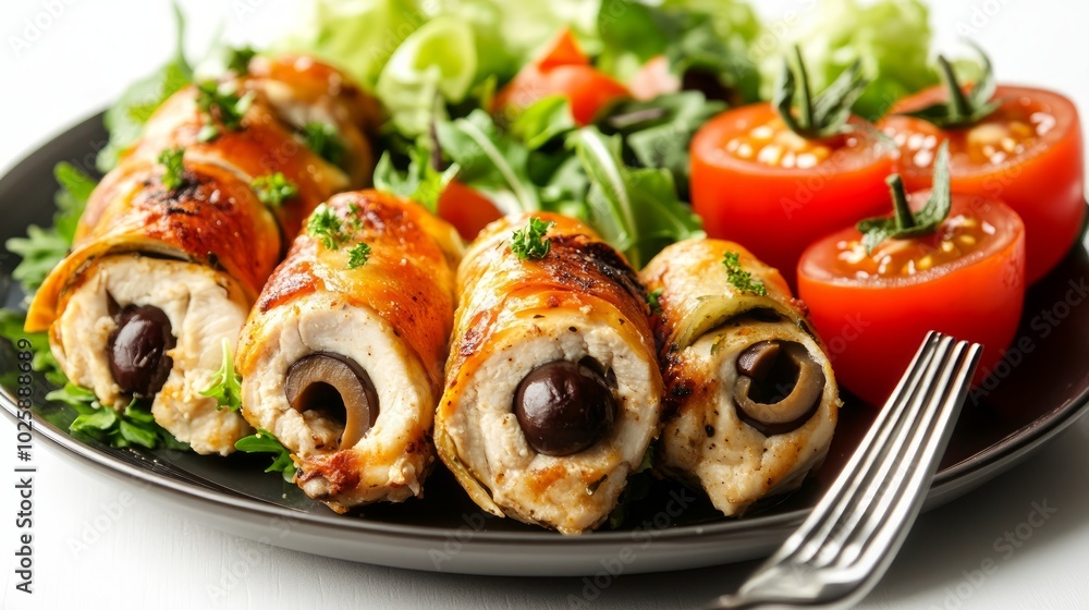 Grilled chicken breast stuffed with olives and served with salad and cherry tomatoes. Grilled chicken breast stuffed with olives and served with salad and cherry tomatoes.