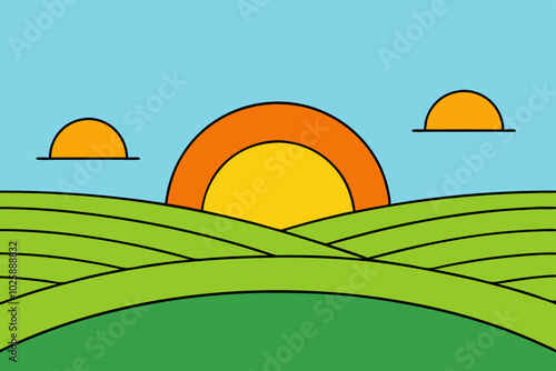 Stunning sunset over rolling hills vector artwork, perfect for creating serene screen backgrounds. Ideal for nature, landscape, and scenic illustration designs.