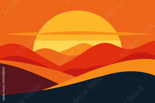 Stunning sunset over rolling hills vector artwork, perfect for creating serene screen backgrounds. Ideal for nature, landscape, and scenic illustration designs.