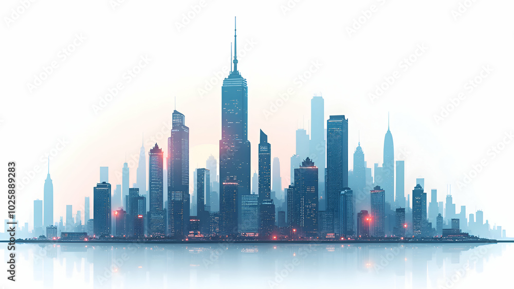 Naklejka premium City skyline at sunset on white background