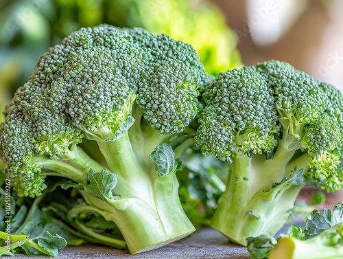 Close-up of broccoli florets showing the fine details and textures photo