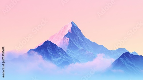 Misty mountain peak in a dreamy, pastel sky.