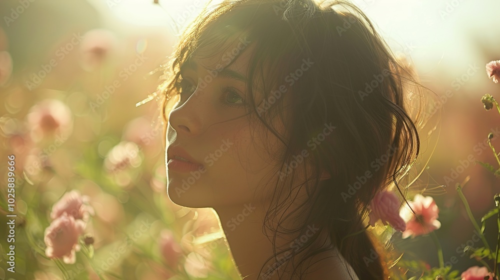Fototapeta premium Woman in a Field of Flowers - Portrait in Soft Light