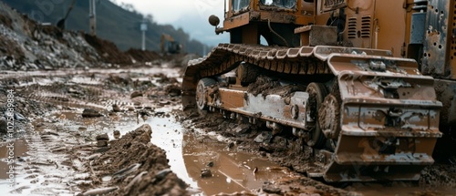 A large construction vehicle traverses through a muddy path, echoing the strength and endurance of industrial labor.