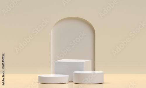 White product display podium in studio room, pastel beige color for display presentation