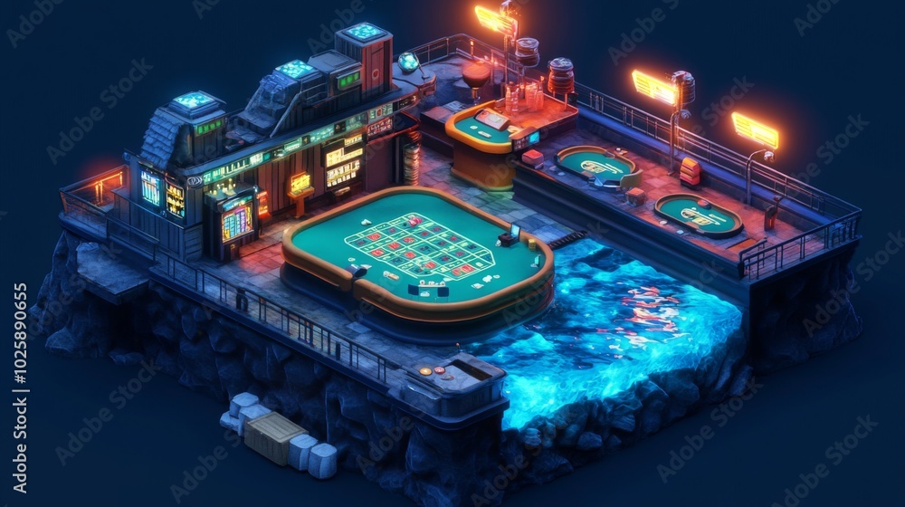 Obraz premium Underwater casino with bioluminescent tables vent slot geysers chips