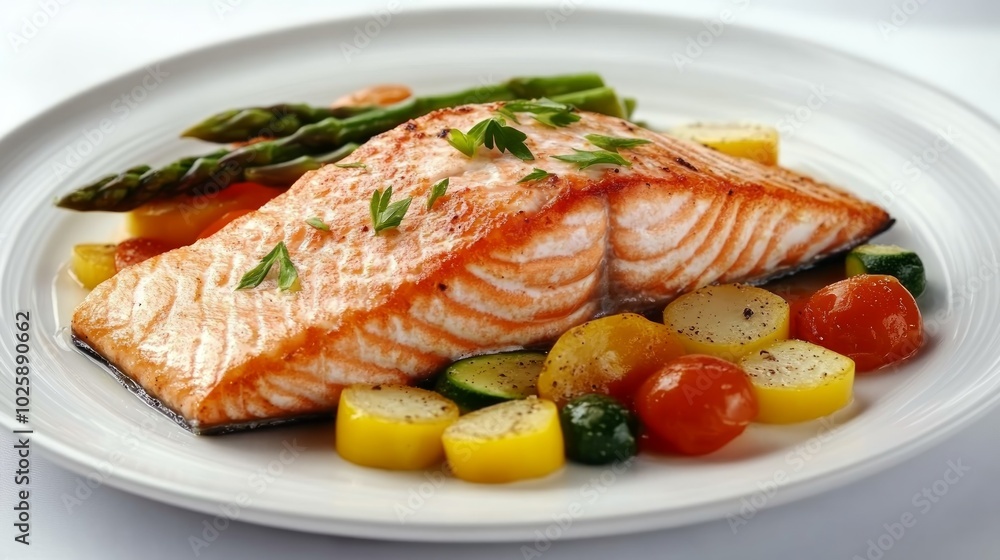 Grilled salmon fillet served with roasted vegetables. Grilled salmon fillet served with roasted vegetables.