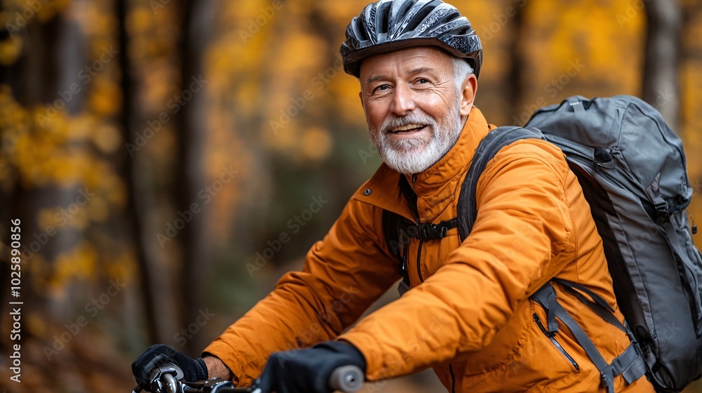 Senior downhill biker approaching a steep descent with determination in their eyes Stock Photo with side copy space Senior downhill biker approaching a steep descent with determination in their eyes Stock Photo with side copy space