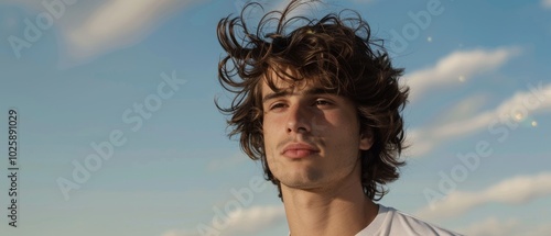 A young man with wind-swept hair looks contemplatively into the sky, embodying a sense of freedom and introspection. photo