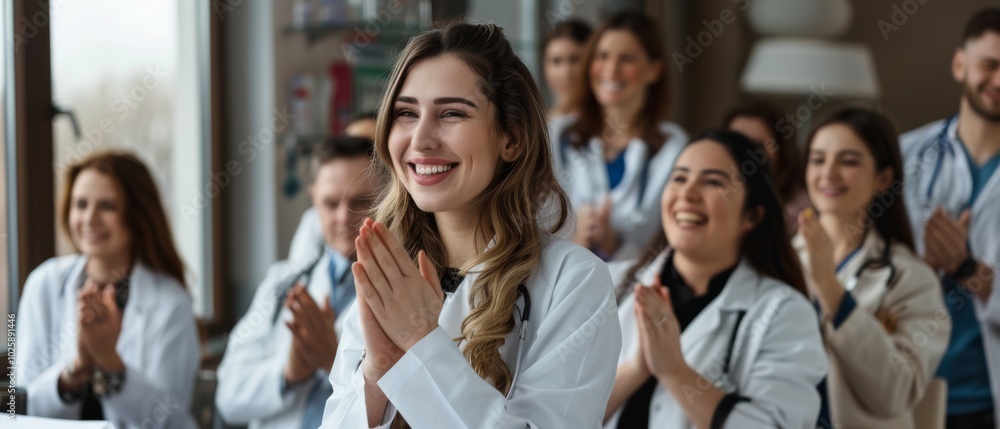 A joyful atmosphere as a doctor is celebrated by peers, radiating happiness and success in the medical field, centered on collaboration and encouragement. A joyful atmosphere as a doctor is celebrated by peers, radiating happiness and success in the medical field, centered on collaboration and encouragement.