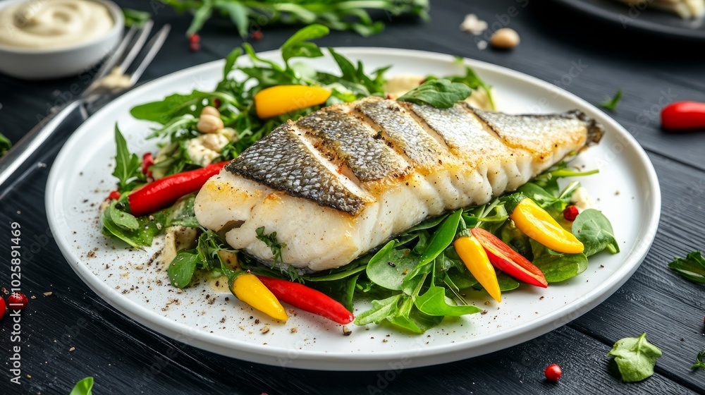 Grilled sea bass fillet with arugula salad and chili peppers on a white plate. Grilled sea bass fillet with arugula salad and chili peppers on a white plate.
